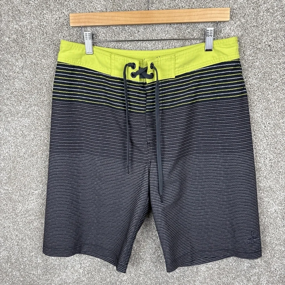 Prana Mens Board Shorts Size 32 Grey Lime Green Striped UPF 50+ Swim Trunks
